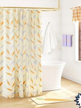 Springtime Bath Set. 6pc Carrot Pattern Shower Curtain Set - Cream/Orange/Purple